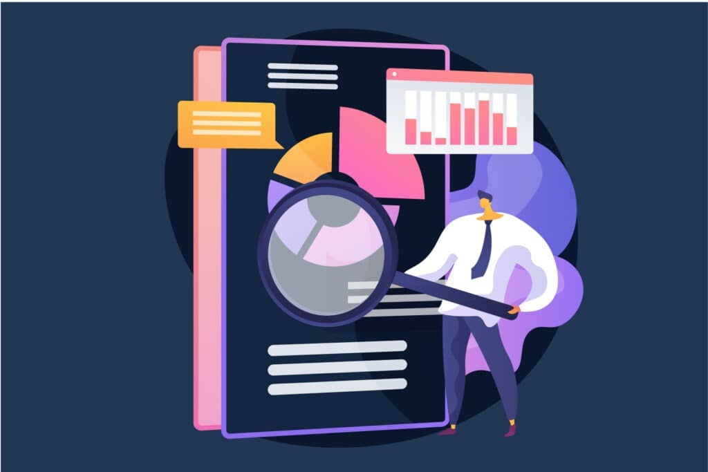 Illustration d'une personne tenant une loupe au-dessus d'un formulaire de statistiques