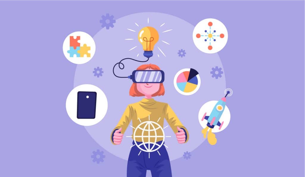 Illustration d'une personne portant un casque de réalité virtuelle entourée d'icônes de gamification