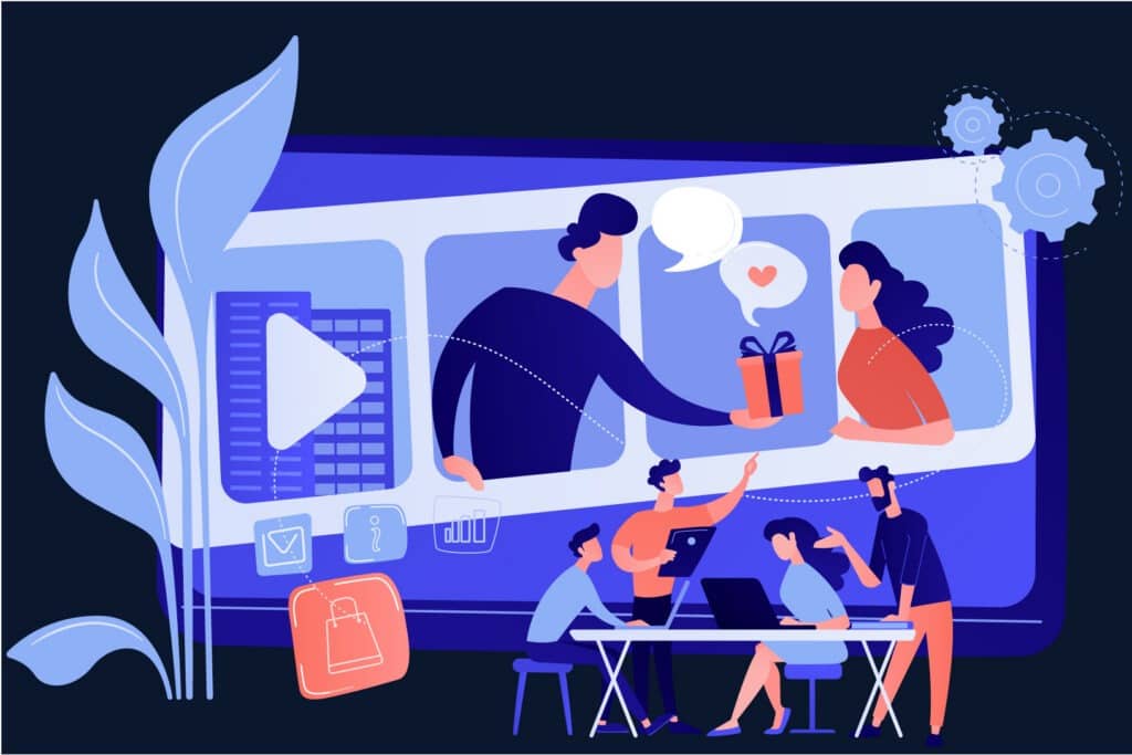 Illustration d'une équipe qui travaille en groupe sur une stratégie de storytelling