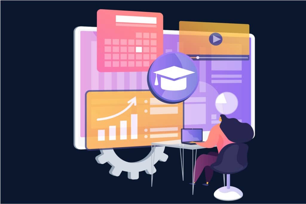 Illustration d'une personne assise devant un écran d'ordinateur, utilisant la plateforme TalentLMS