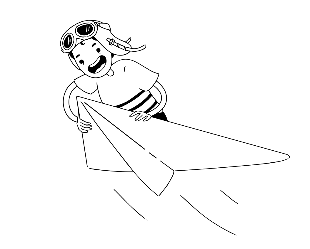 Gif animé de la mascotte NVS Studio pilotant un avion en papier, portant un casque d'aviateur